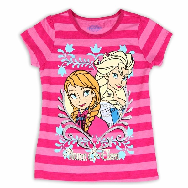  Disney Frozen Girl's Elsa & Anna Striped Glitter Short Sleeve T-Shirt 