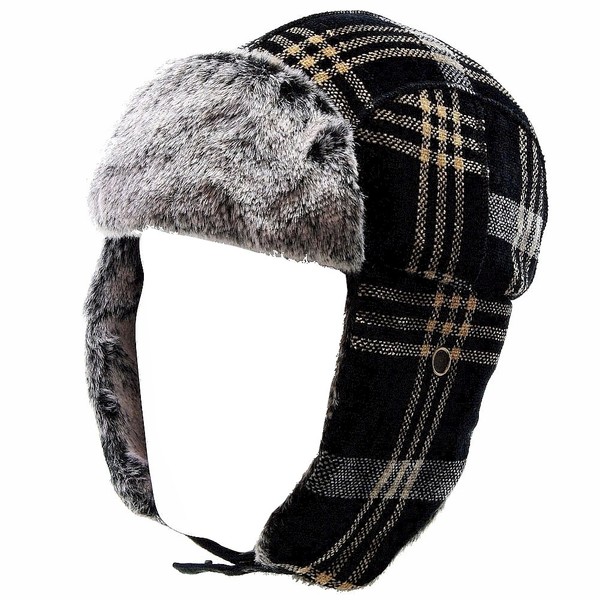  Woolrich Chenille Men's Faux Fur Plaid Earflaps Trapper Hat 