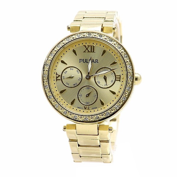  Pulsar Women's PP6106 Swarovski Crystal Gold Analog Chronograph Watch 