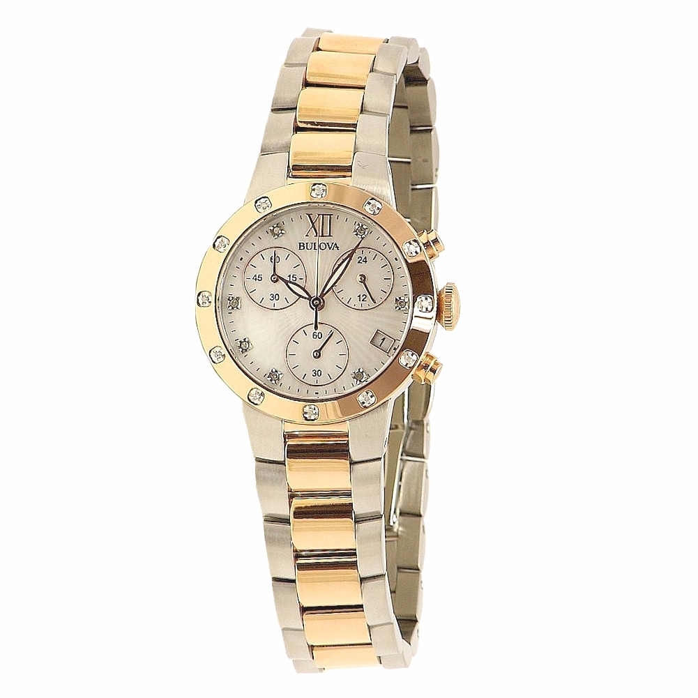 Bulova Diamond Collection 98r210 Rose Gold Silver Chronograph Analog Wat