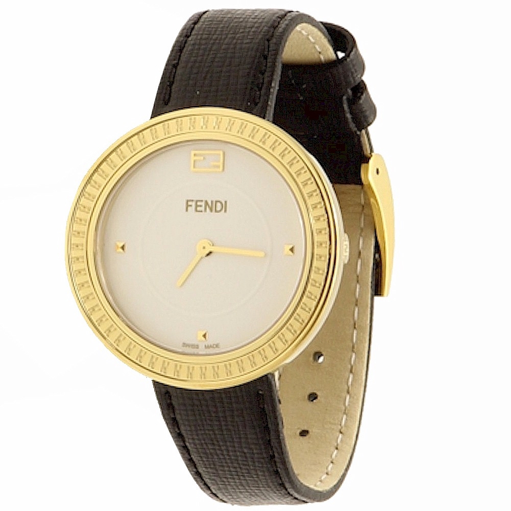 Fendi Women S F350434011 Yellow Gold Tone Black Elite Analog Watch W Fur Accent