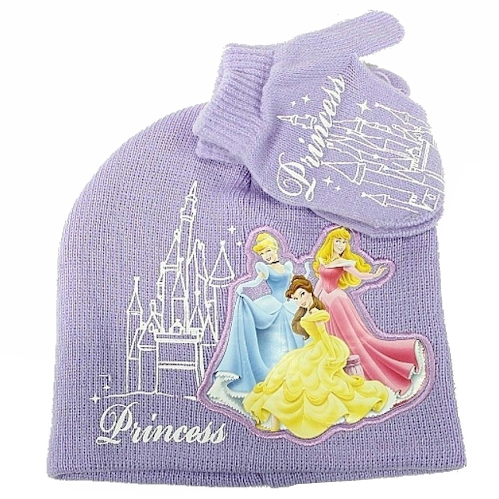 Disney PRINCESS Cinderella Belle Aurora Girls KNIT HAT BEANIE & MITTENS ~ NWT 