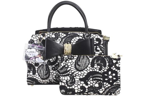  Betsey Johnson Women's Lady Lace Two-Fer Removable Bow Satchel Handbag Set 