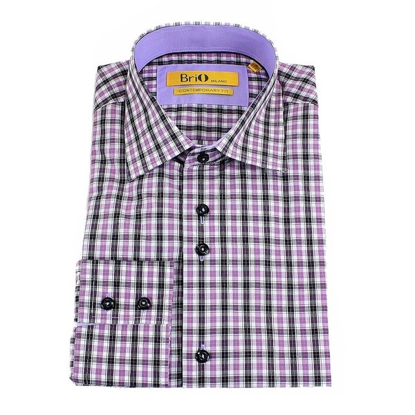  Brio Milano Men's Stitched Collar Plaid Button Up Dress Shirt 