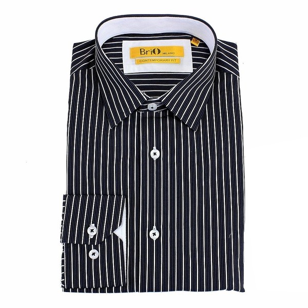  Brio Milano Men's Stitched Collar Stripe Button Up Dress Shirt 