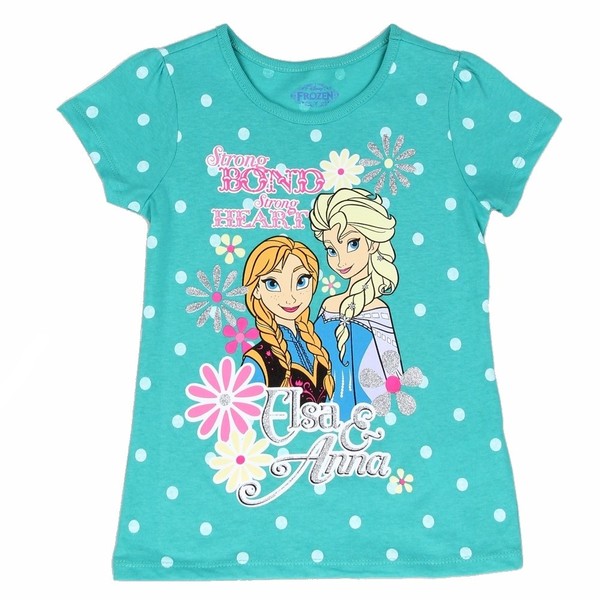  Disney Frozen Girl's Strong Bond Polka Dot Glitter Short Sleeve T-Shirt 