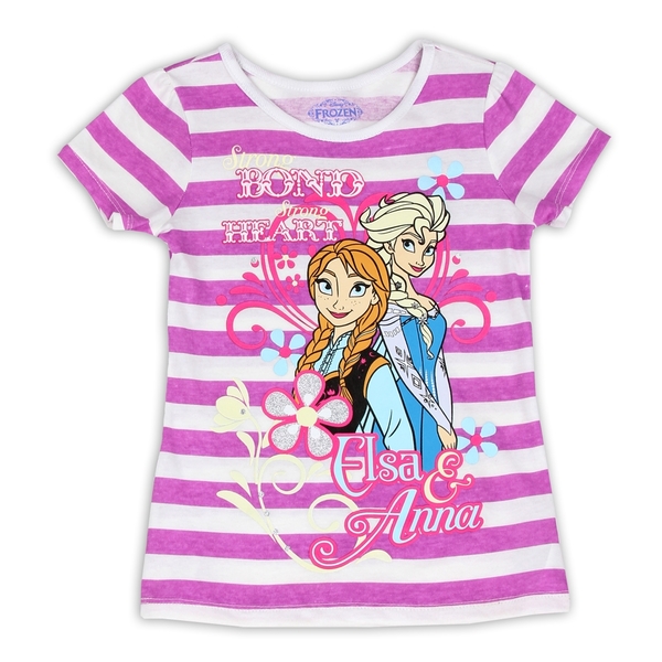  Disney Frozen Girl's Strong Bond Striped Glitter Short Sleeve T-Shirt 