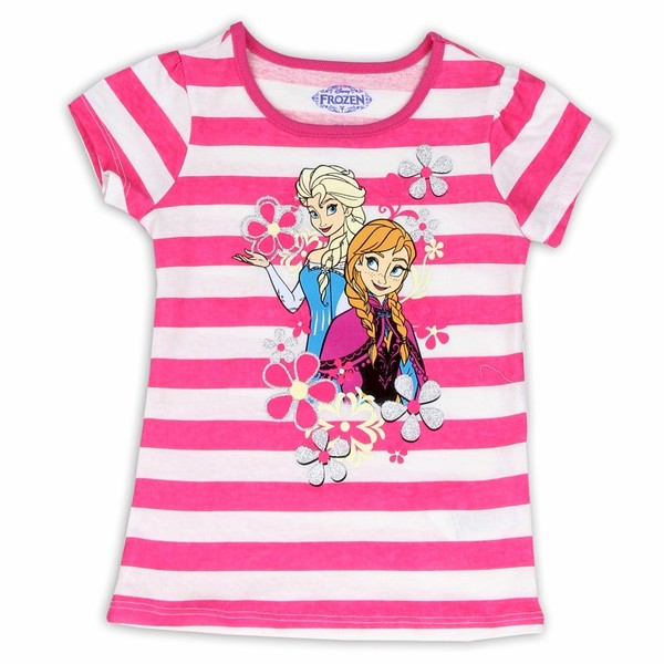  Disney Frozen Toddler Girl's Elsa & Anna Striped Glitter Short Sleeve T-Shirt 