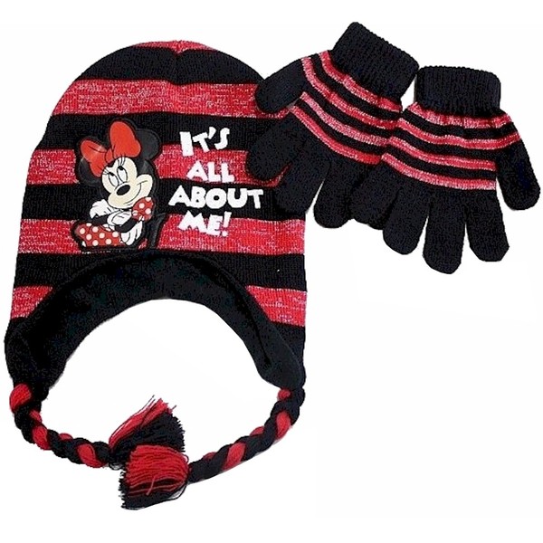  Disney Minnie Mouse Girls Black/Red Striped Beanie & Gloves Set Sz 4-7 