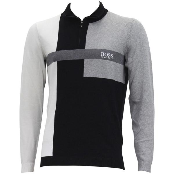  Hugo Boss Men's Black Zelchoir Color Block Funnel Neck Long Sleeve Sweater Shirt 