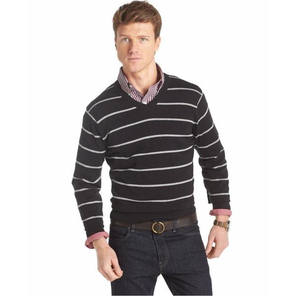  Izod Men's All Over Stripe Long Sleeve V-Neck Cotton Sweater Shirt 