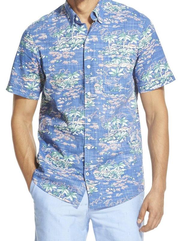  Izod Men's Saltwater Dockside Tropical Print Short Sleeve Button Down Shirt 