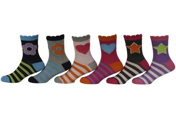  Jefferies Socks Little/Big Girl's 6-Pairs Stars/Daisies/Hearts Crew Socks 