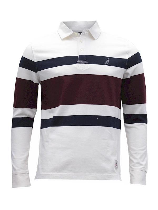  Nautica Men's Shipman Rugby Stripe Long Sleeve Cotton Polo Shirt 