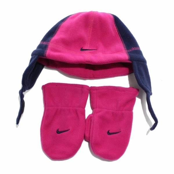  Nike Swoosh Logo Toddler Girl's Fleece Beanie Hat & Mittens Set 