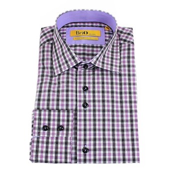 Brio Milano Men's Stitched Collar Plaid Button Up Dress Shirt