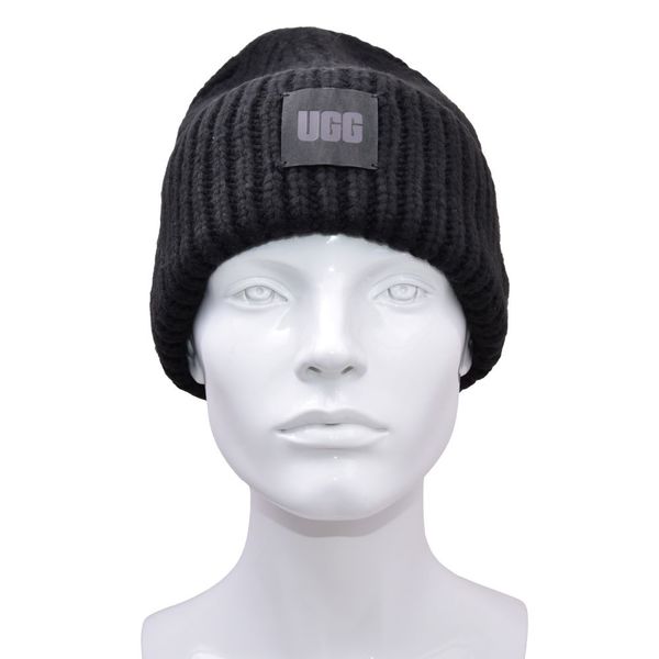  Ugg Women's Chunky Rib Knit Beanie Hat Leather Logo 