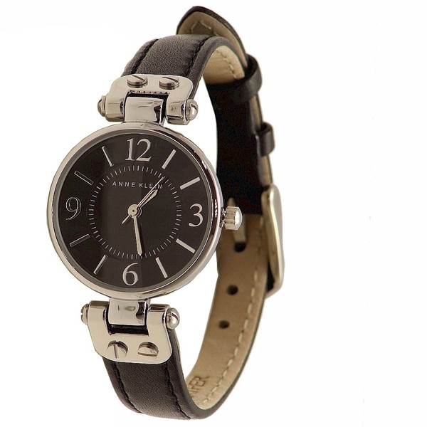  Anne Klein Women's 10/9443BKBK Silver/Black Analog Leather Strap Watch 