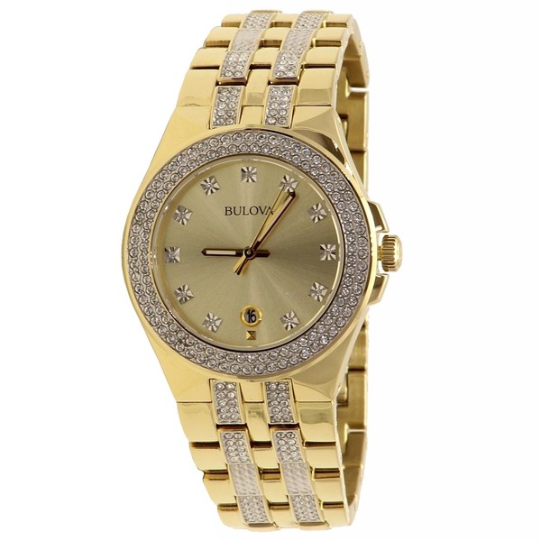  Bulova Men's 98B174 Gold Tone Crystal Stainless Steel Analog Watch 