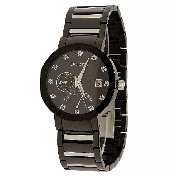  Bulova Men's Black Dual Time Stainless Steel Diamond Analog Dress Watch 