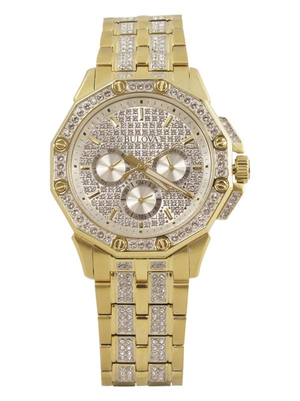  Bulova Men's Crystal 98C126 Gold Swarovski Chronograph Analog Watch 