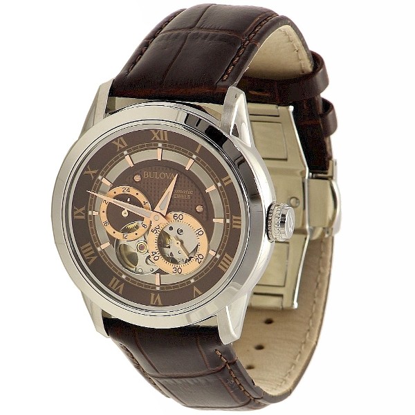  Bulova Self Winding Mechanical Watch Men's Brown Leather Band 96A120 