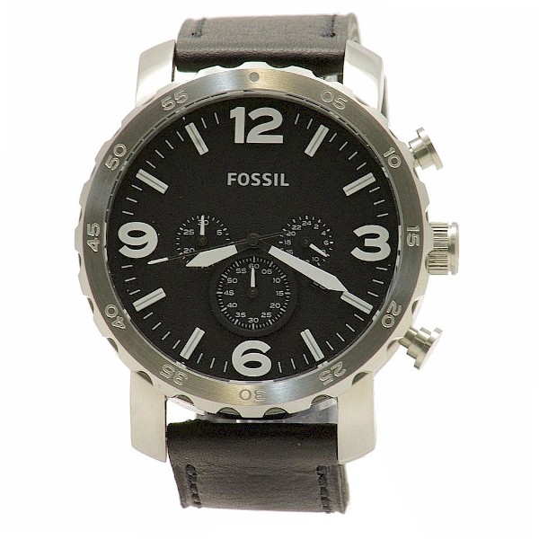  Fossil Men's Nate JR1436 Black Leather Chronograph Analog Watch 