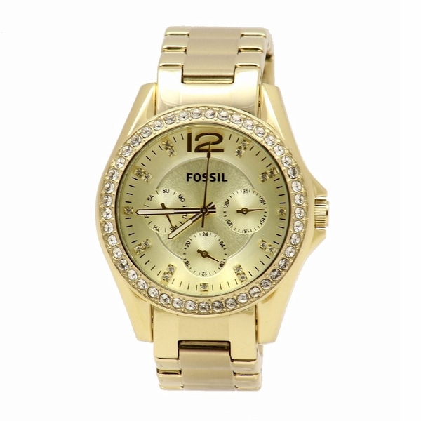  Fossil Riley ES3203 Gold-Tone Swarovski Crystals Chronograph Watch 