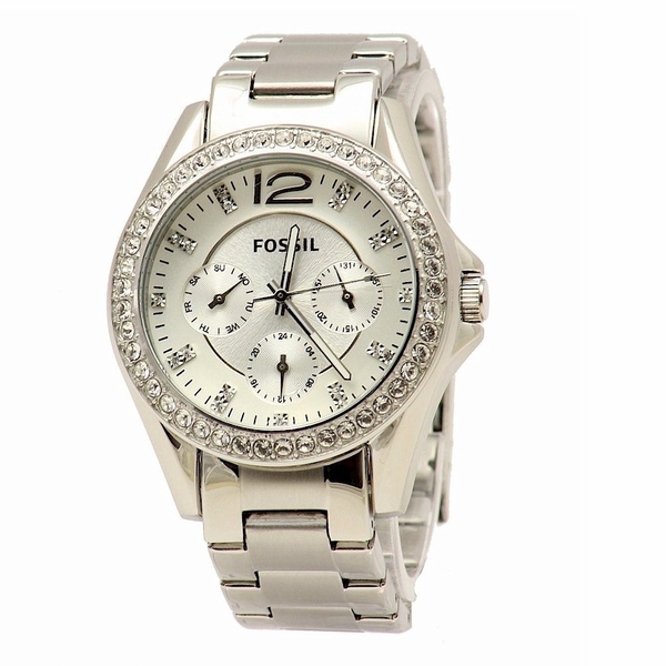  Fossil Women's Riley ES3202 Silver Stainless Steel Chronograph Watch 