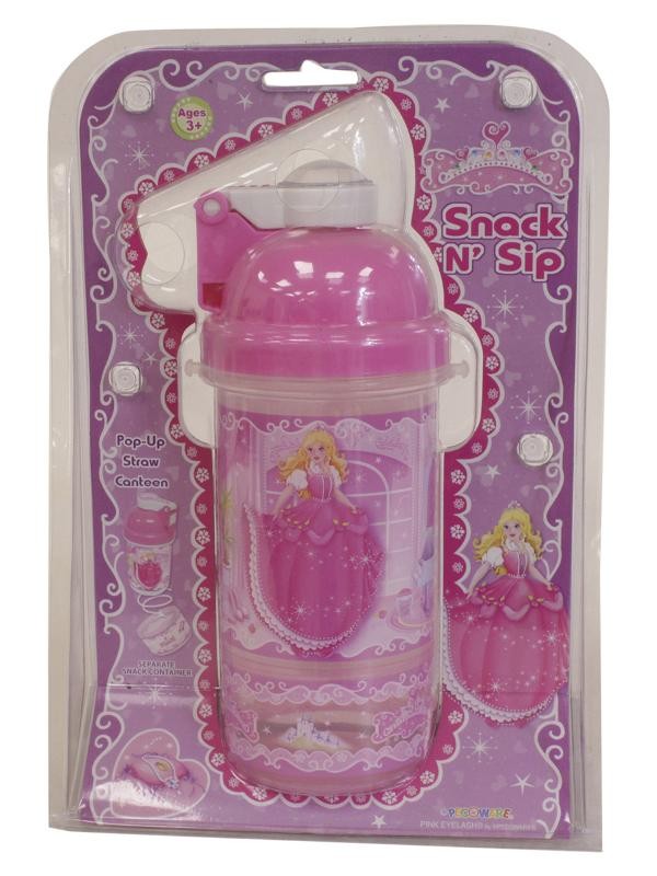  Princess Kids Pink Snack N Sip Pop-Up Straw Canteen Bottle 