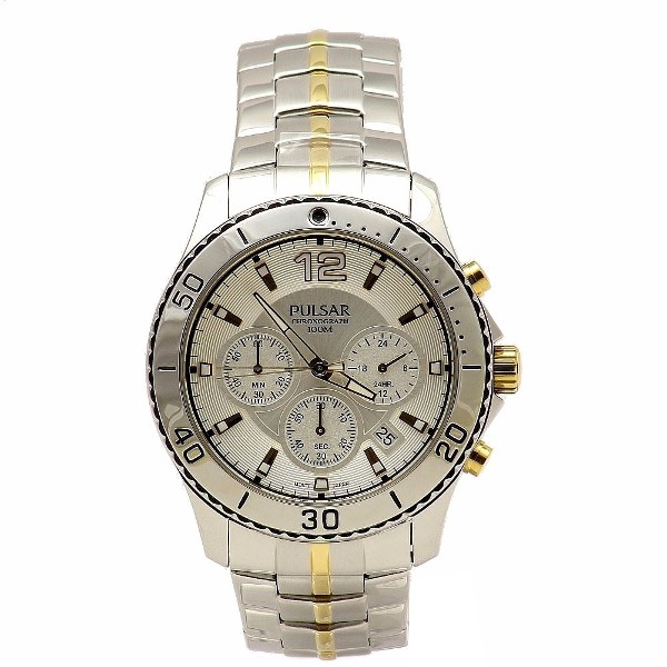  Pulsar Men's On The Go PT3291 Silver/Gold Analog Chronograph Watch 