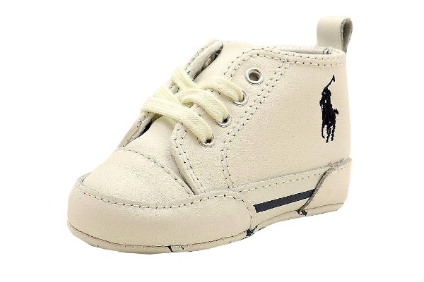  Ralph Lauren Infant Boy's Classic Pony Leather White/Navy Layette Shoes 