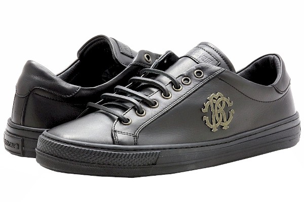  Roberto Cavalli Men's Shoes Black Leather Sneakers 
