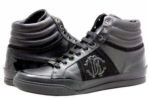  Roberto Cavalli Men's Versione H Black Leather Sneakers Shoes 