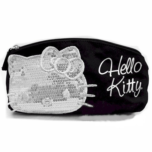  Sanrio Hello Kitty Sequin Cosmetic Case Black/Silver Make-Up Bag 