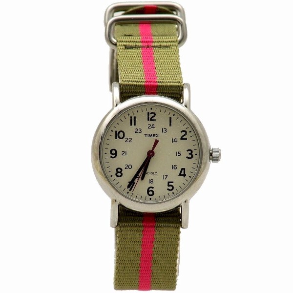  Timex Women's T2N917 Weekender Olive/Pink Nylon Analog Watch 