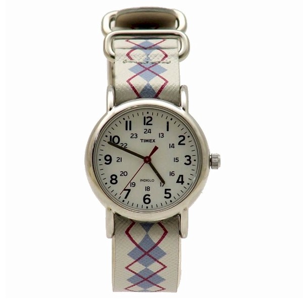  Timex Women's T2N918 Weekender White/Blue Argyle Nylon Analog Watch 