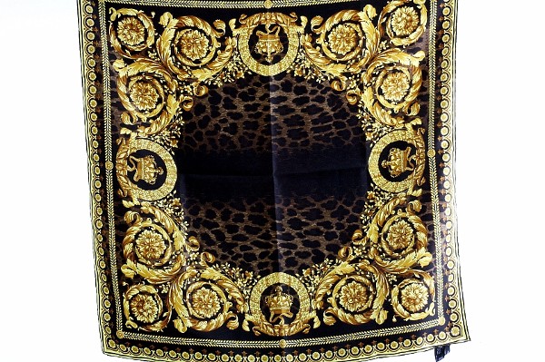  Versace Ladies Black/Gold Ornamental Leapord Print 100% Silk Scarf 
