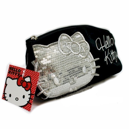  Sanrio Hello Kitty Sequin Cosmetic Case Black/Silver Make-Up Bag 