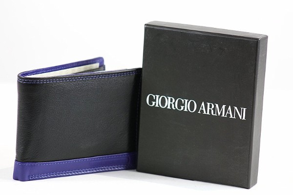  Giorgio Armani Men's Black/Blue Leather Bi-Fold Wallet 