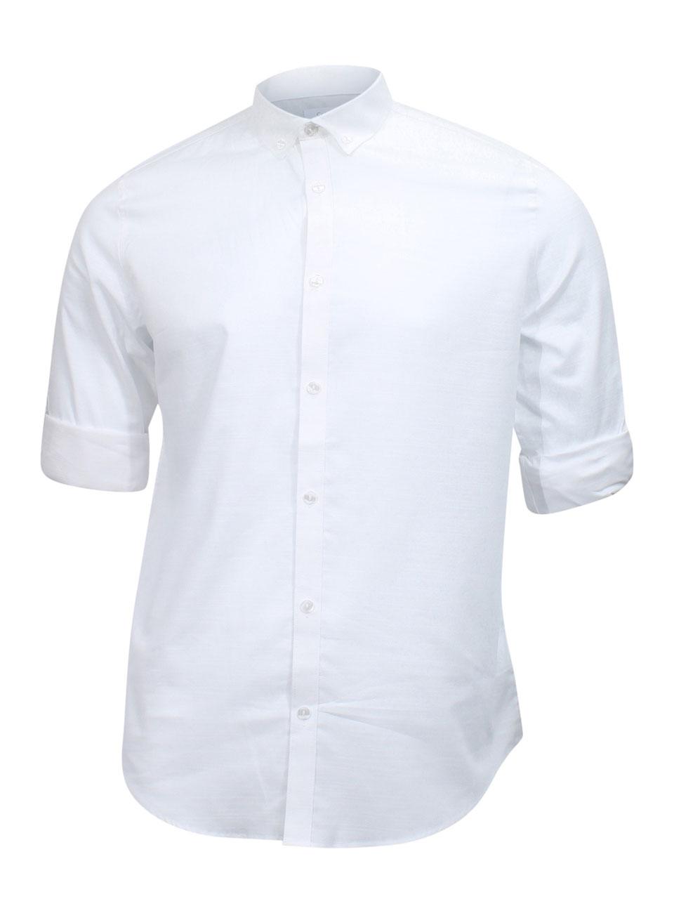 Calvin Klein Men's Roll Up Herringbone Slub Cotton Button Down Shirt - Standard White - Small -  Herringbone Slub Roll-Up Shirt