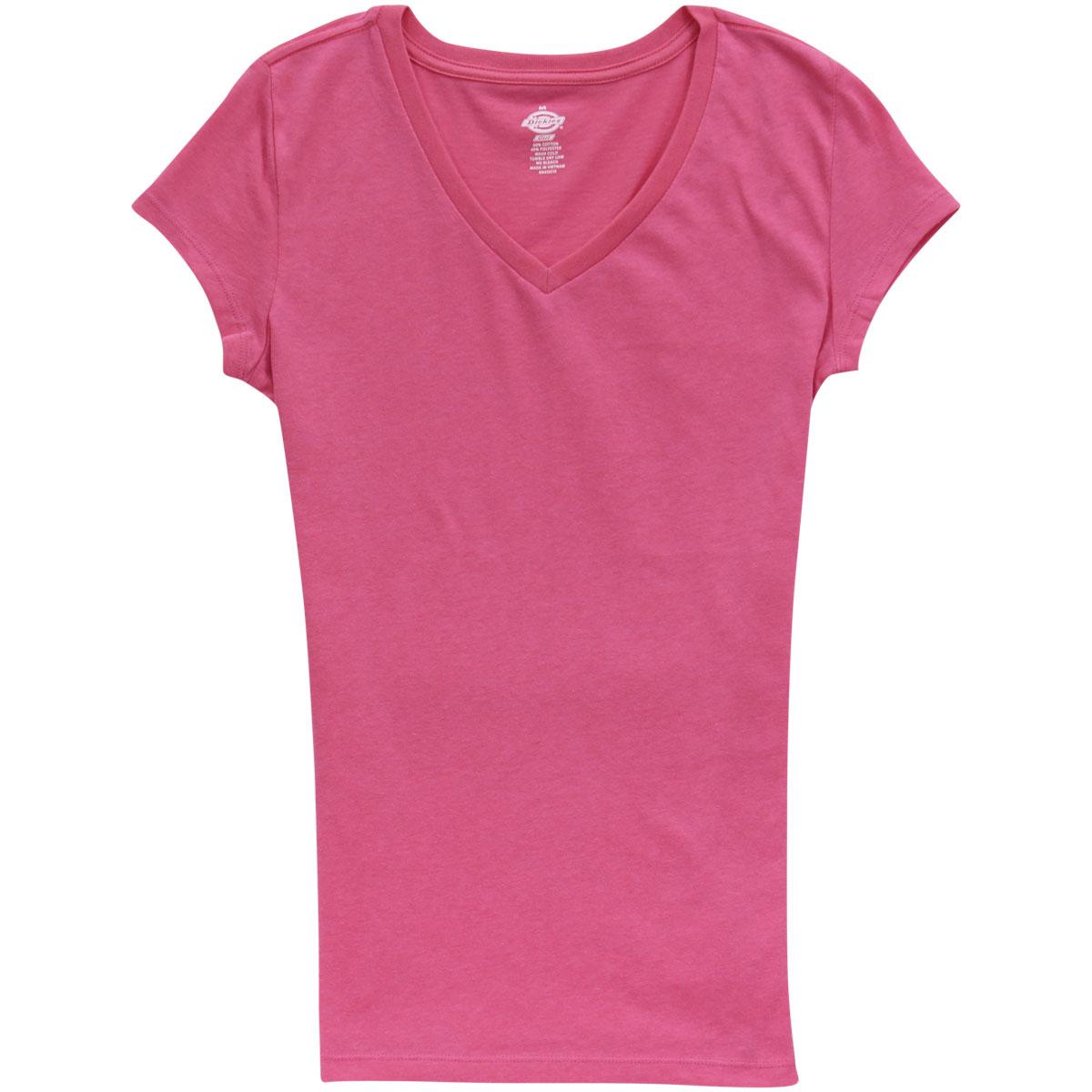 Dickies Girl Junior's Slim Fit Short Sleeve V Neck T Shirt - Lipstick Pink - Medium