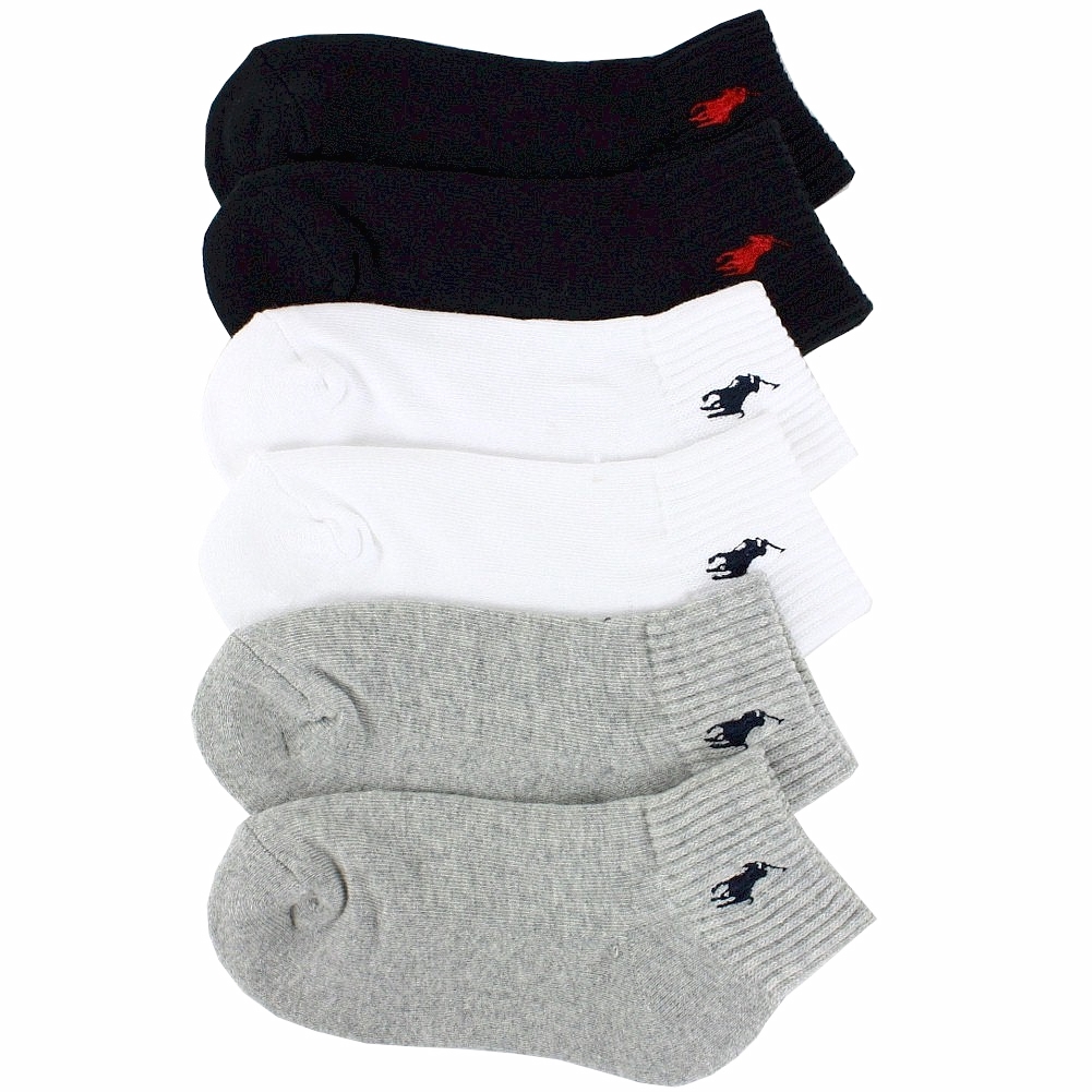 Polo Ralph Lauren Infant/Toddler/Little/Big Boy's 6 Pairs Quarter Crew Socks - Assorted Black/Grey/White - 8 9.5 Fits 13 3 Little Kid