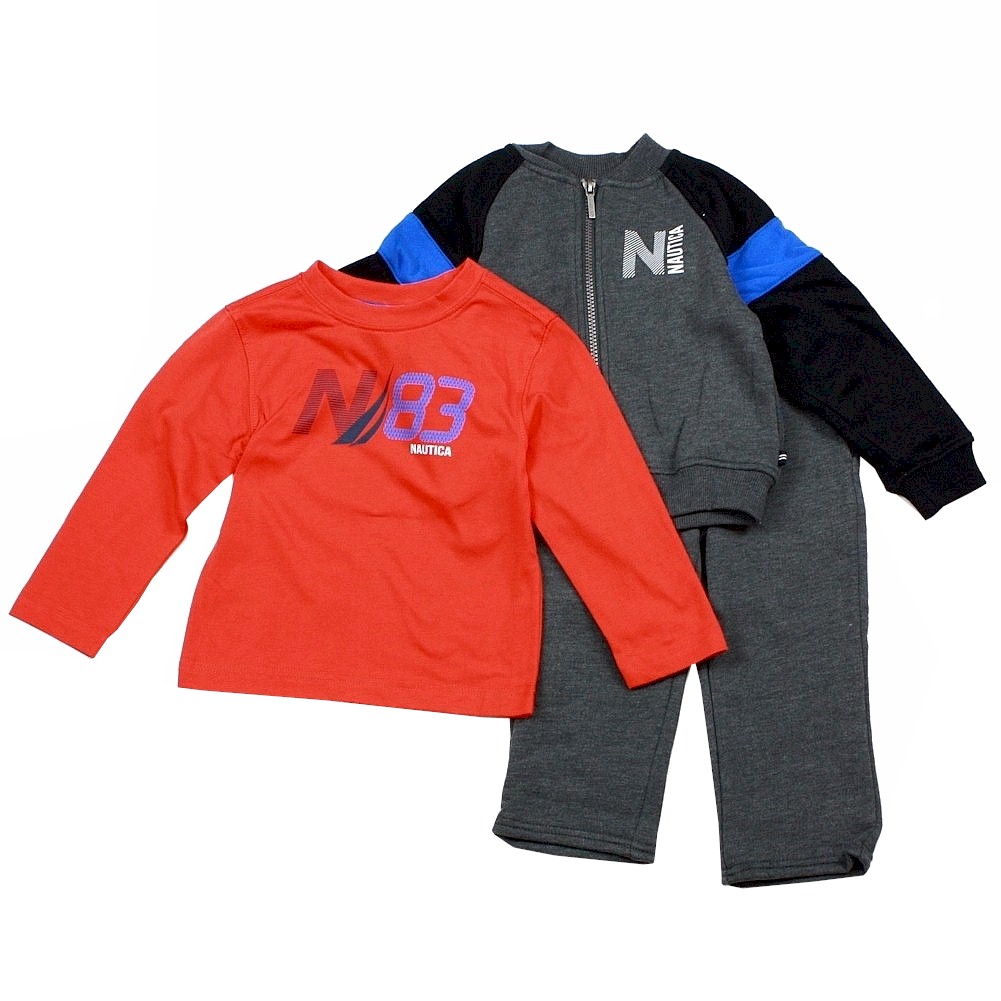 Nautica Infant Toddler Boy's 3 Piece Set Fleece Long Sleeve & Pant Outfit - Black - 2T   Toddler