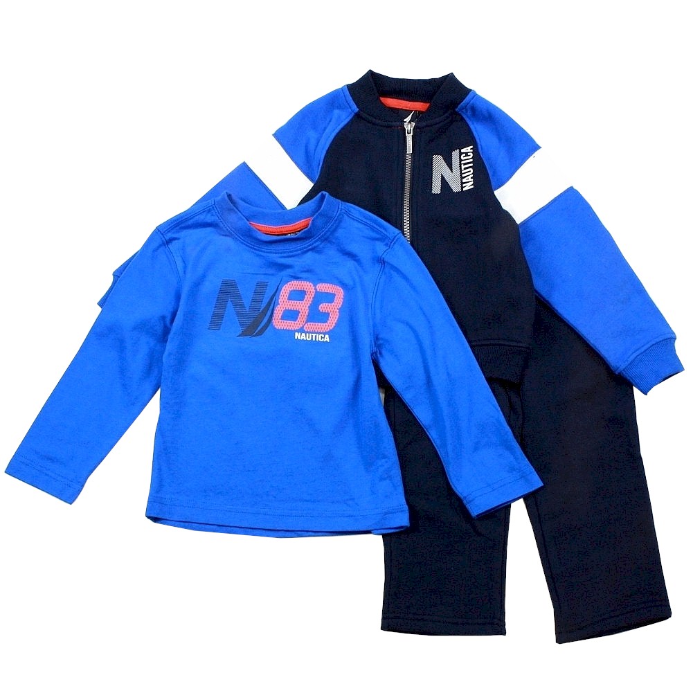 Nautica Infant Toddler Boy's 3 Piece Set Fleece Long Sleeve & Pant Outfit - Blue - 2T   Toddler