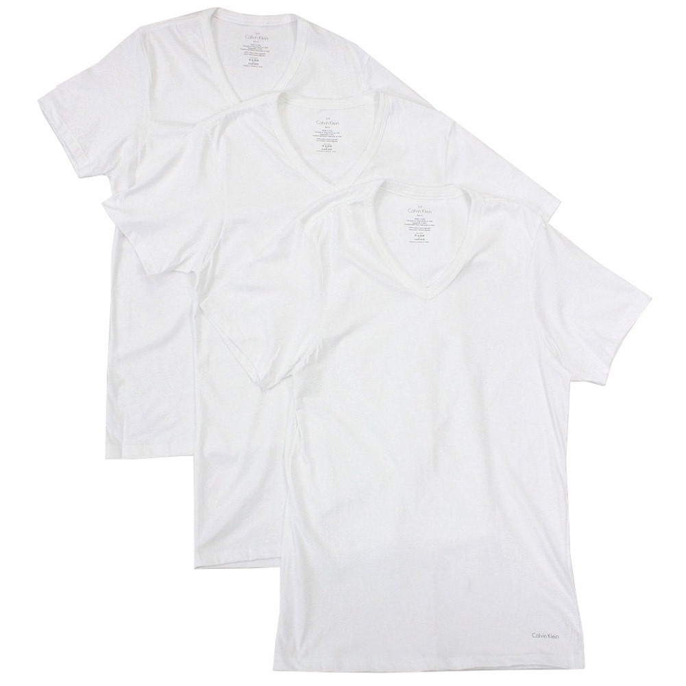 Calvin Klein Men's 3 Pc Cotton Slim Fit Short Sleeve V Neck Basic T Shirt - White - Large