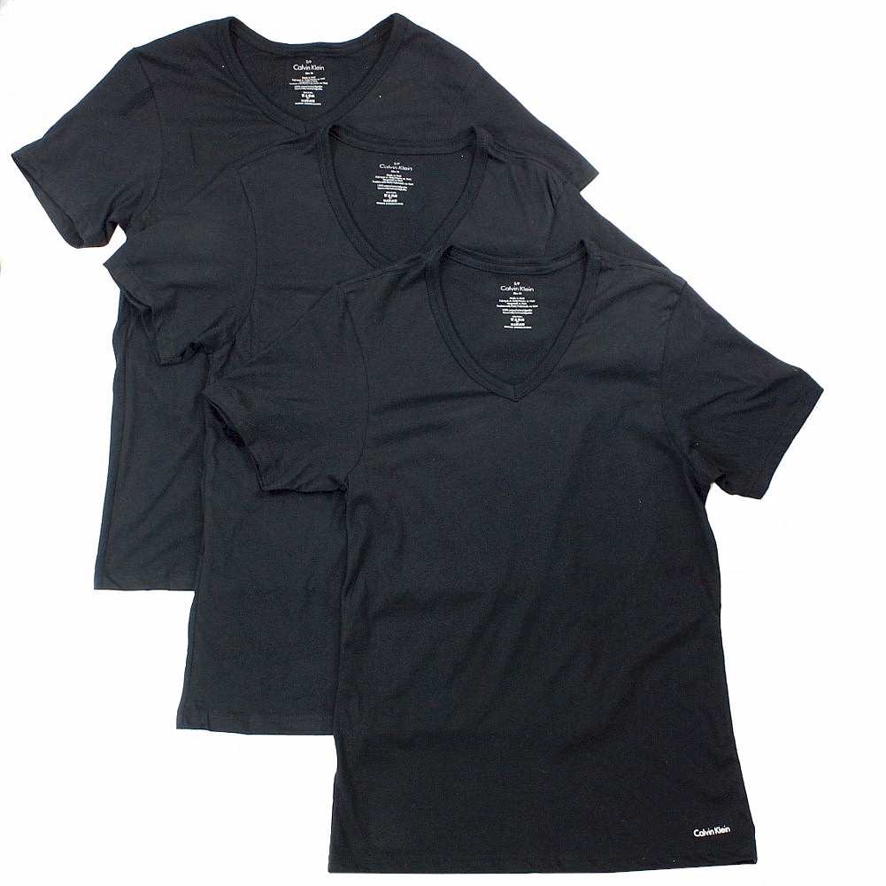 Calvin Klein Men's 3 Pc Cotton Slim Fit Short Sleeve V Neck Basic T Shirt - Black - Small