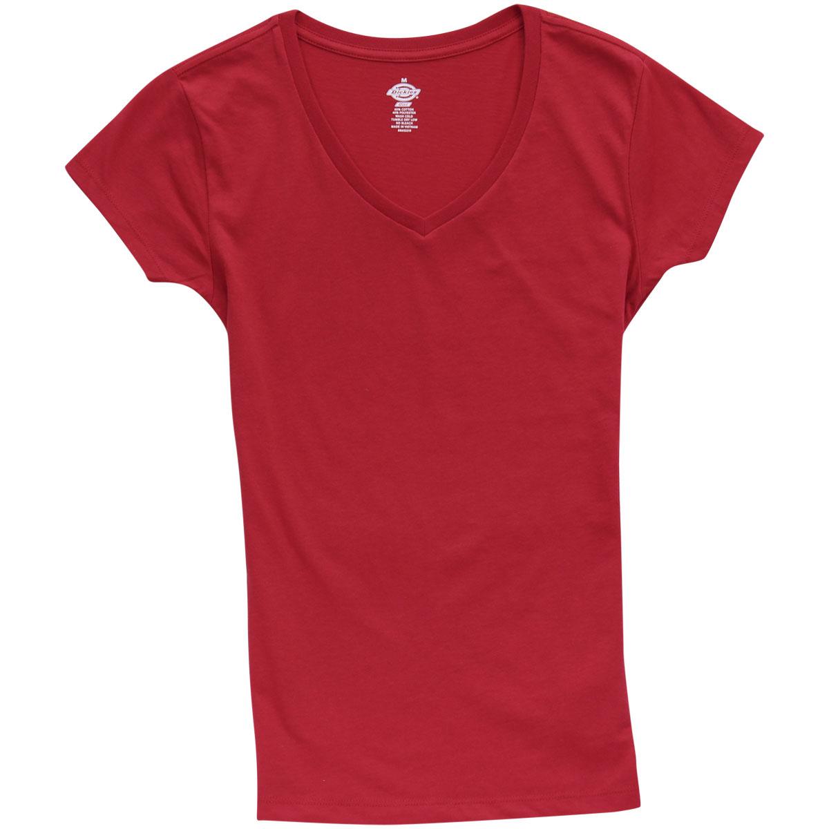 Dickies Girl Junior's Slim Fit Short Sleeve V Neck T Shirt - Red - Large
