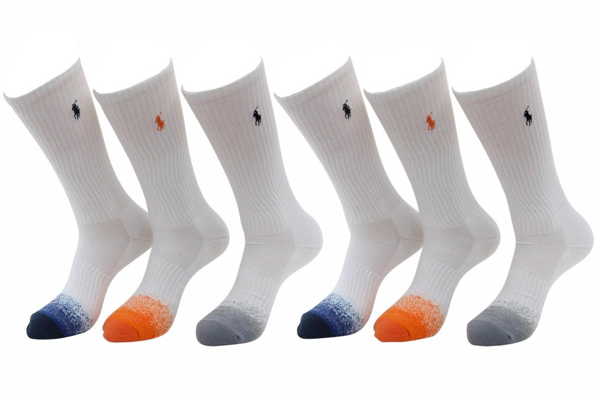 Polo Ralph Lauren Men's 6 Pack Gradient Toe Classic Sport Crew Socks - White - 10 13 Fits Shoe 6 12.5